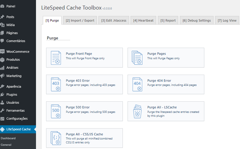 opções de Caixa de Ferramentas para otimizar cache no plugin LiteSpeed Cache