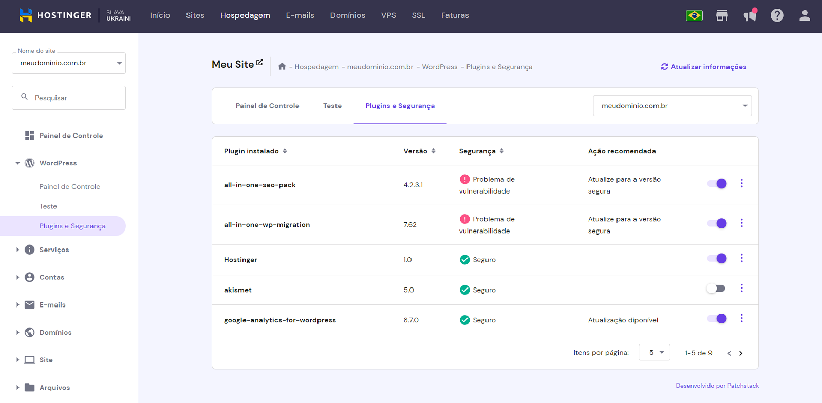 Tela do hPanel na seção Plugins e Segurança