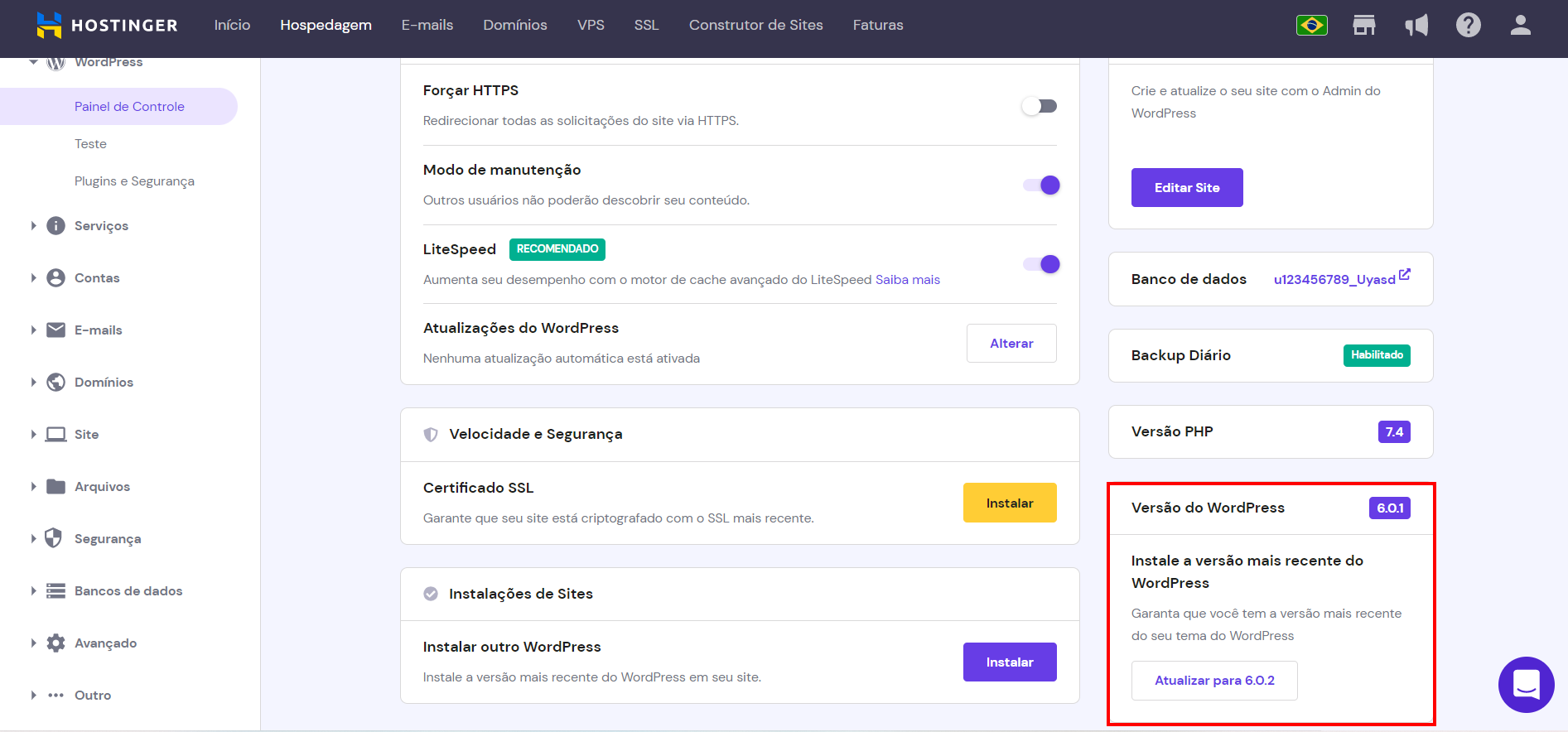 hPanel Painel de Controle WordPress atualização para a versão mais recente do WordPress