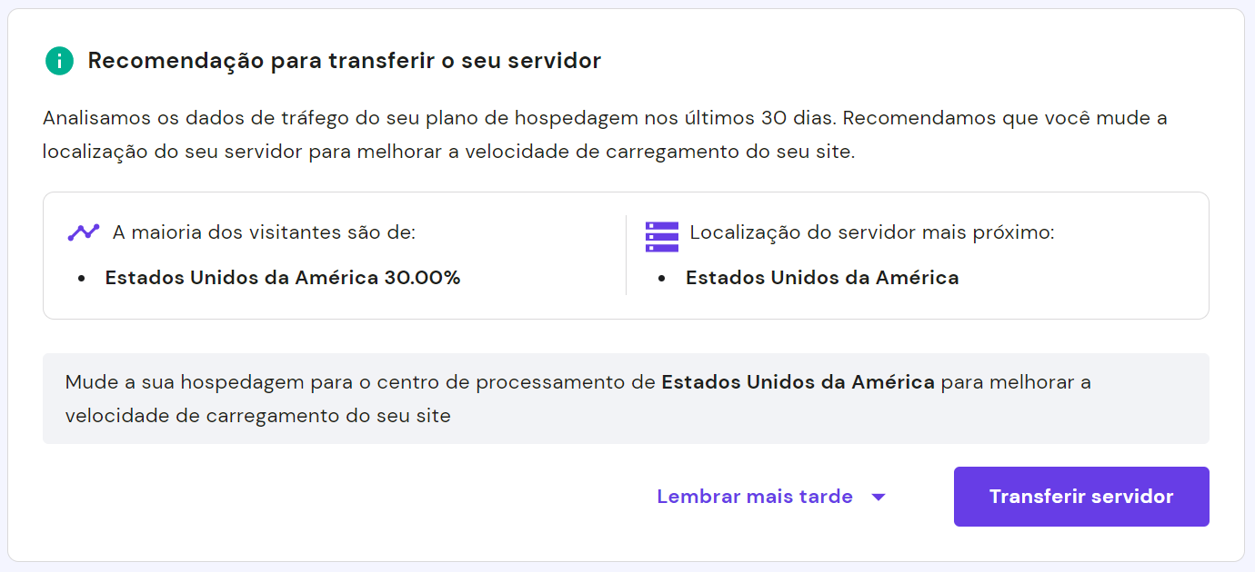 Mensagem de recomendação de transferência de servidor do hPanel