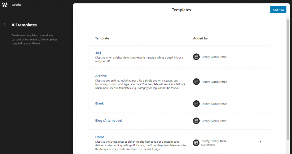 página do wordpress mostrando todos os templates disponíveis