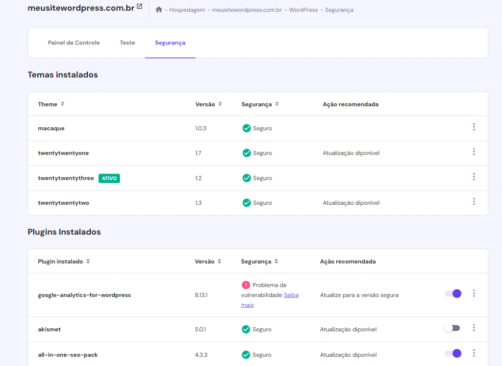 Interface da seção de segurança WordPress no hPanel