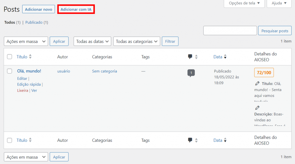 Painel de posts do WordPress com novo botão Adicionar com IA destacado