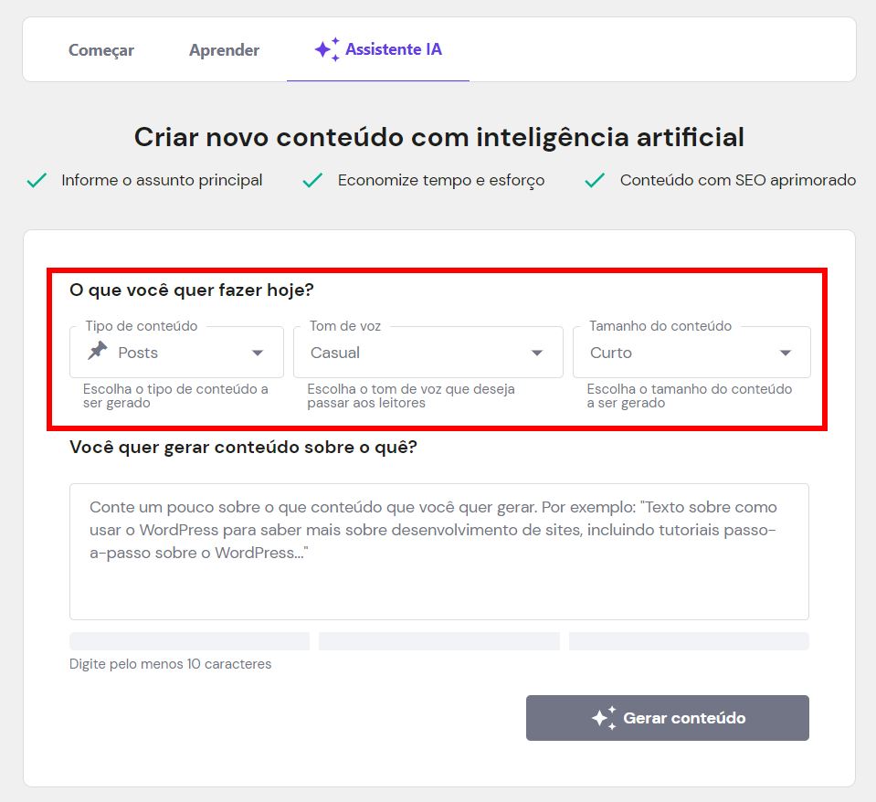 Interface do plugin Assisntent IA da Hostinger com destaque dos novos recursos de configuração de conteúdo 