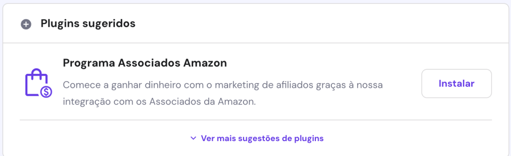 Plugin de Afiliados Amazon da Hostinger na seção de plug-ins sugeridos do hPanel