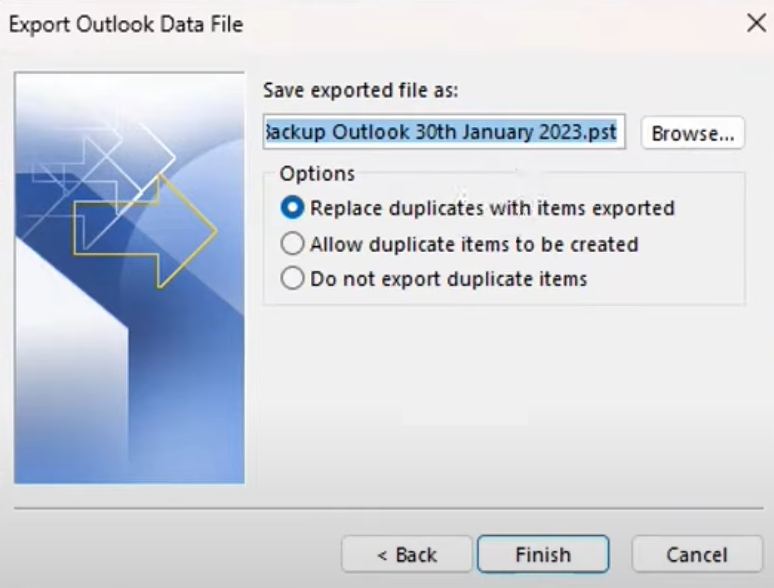 exportando backup do outlook