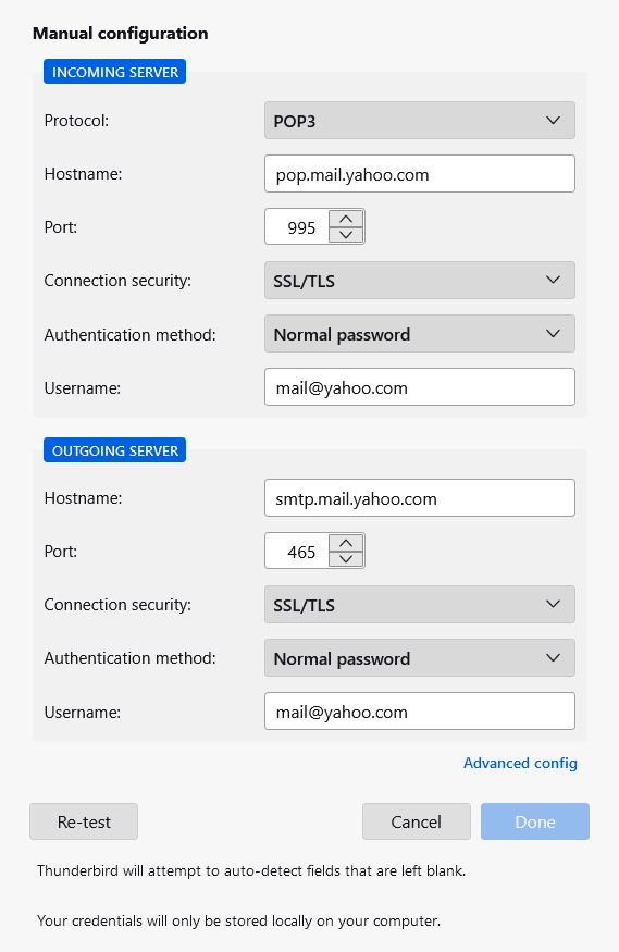 configuração manual de email no thunderbird