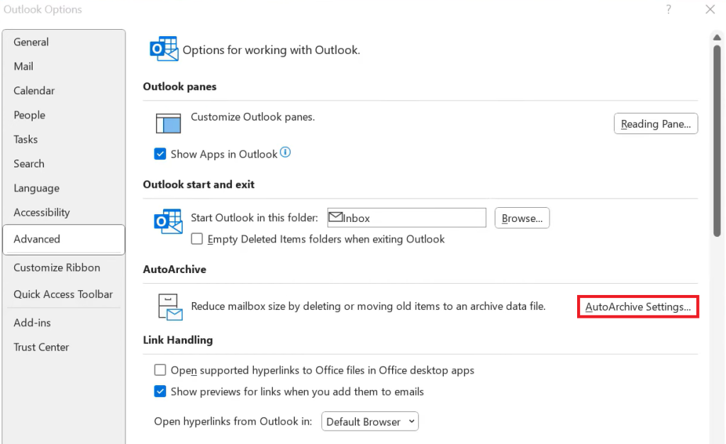 configurações de autoarchive do outlook