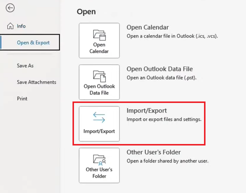 opção de importar/exportar emails no outlook