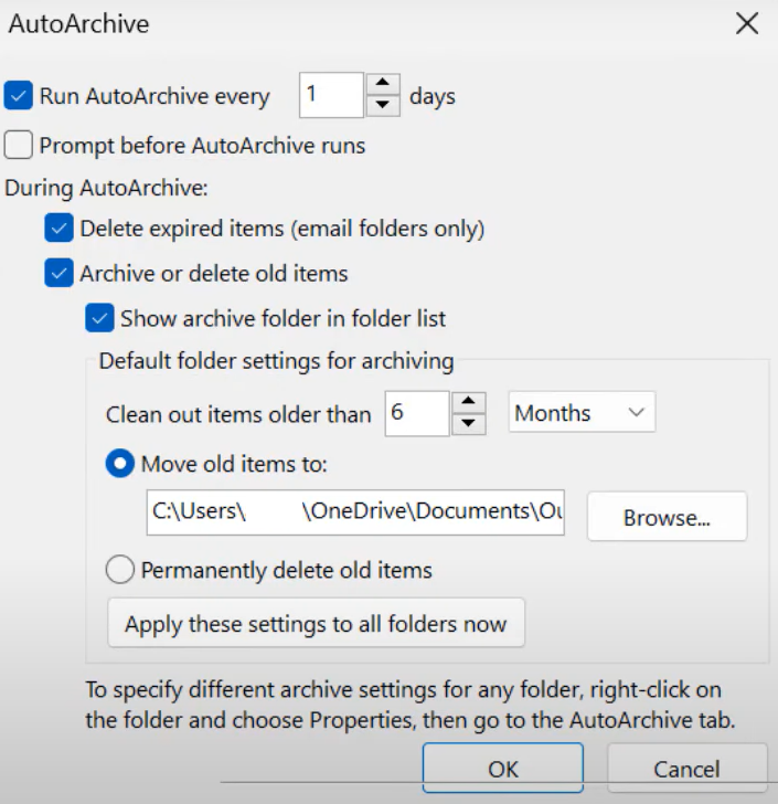 configurações de autoarchive do outlook