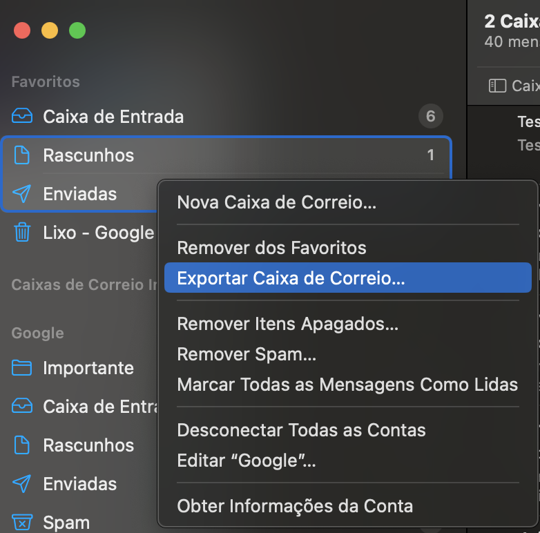 exportando caixas de correio no macOS