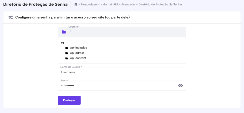 A página da pasta protegida por senha no hPanel