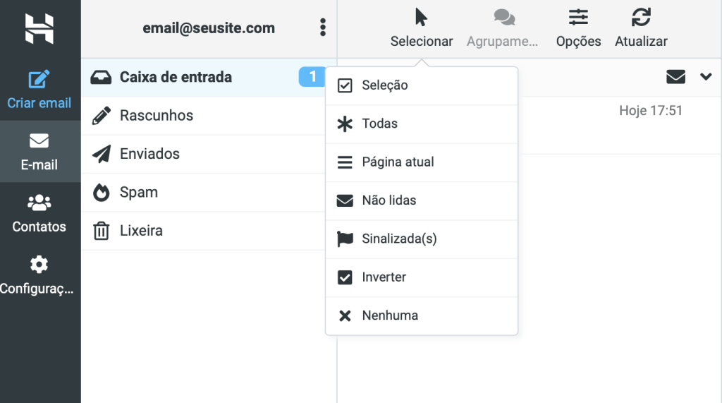 botão selecionar para o email da hostinger