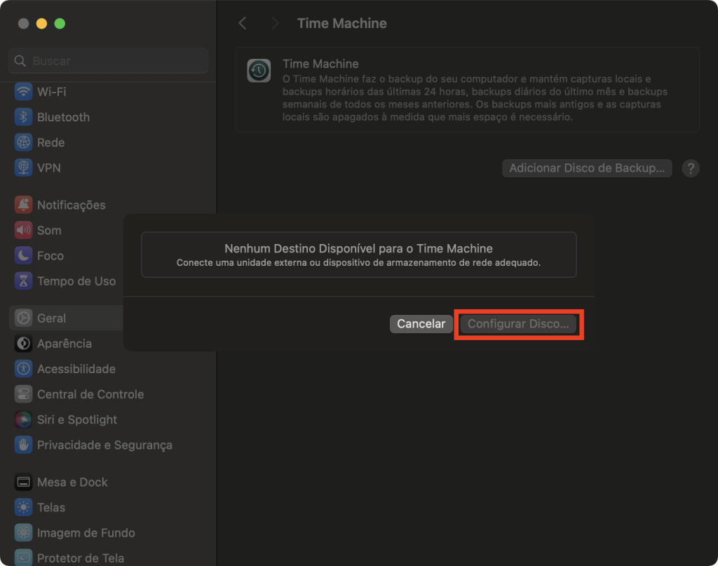 configurando disco de backup do Time Machine no macOS