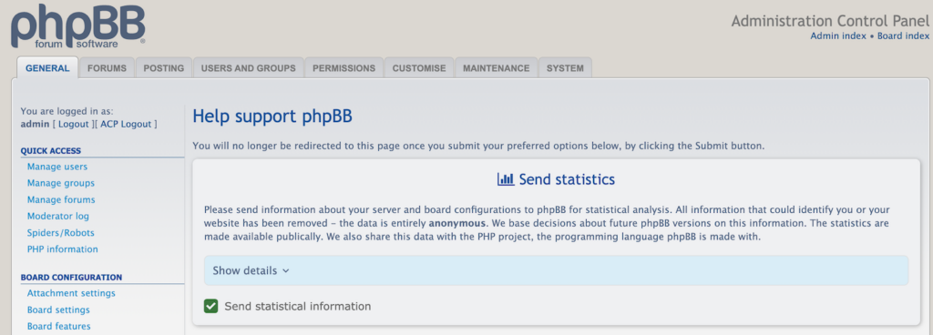 painel de controle do do phpbb