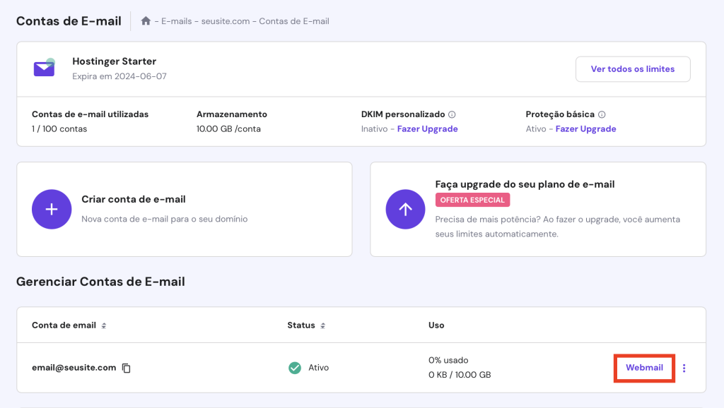 botão webmail na tela contas de email do hpanel