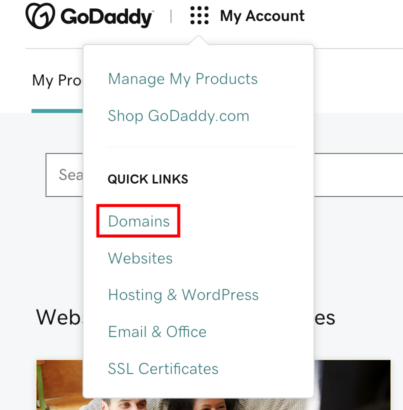 visão geral da conta godaddy com opção domínios em destaque