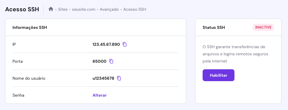 tela de acesso ssh no hpanel