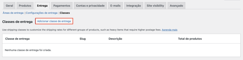 botão adicionar classe de entrega no woocommerce