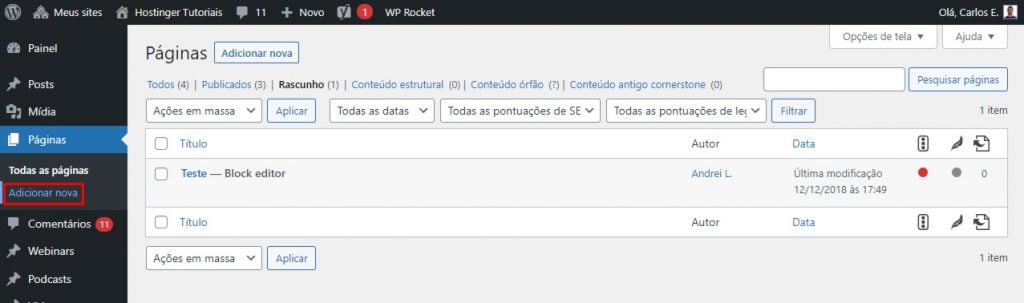 adicionar nova pagina no wordpress