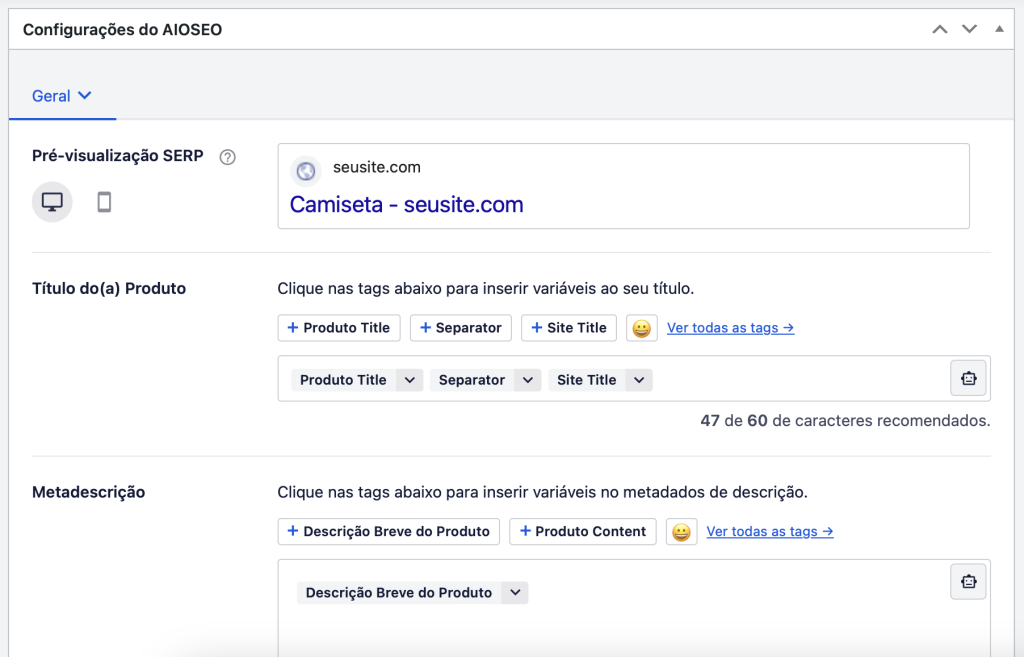 configurações de seo do aioseo ao adicionar produto no woocommerce