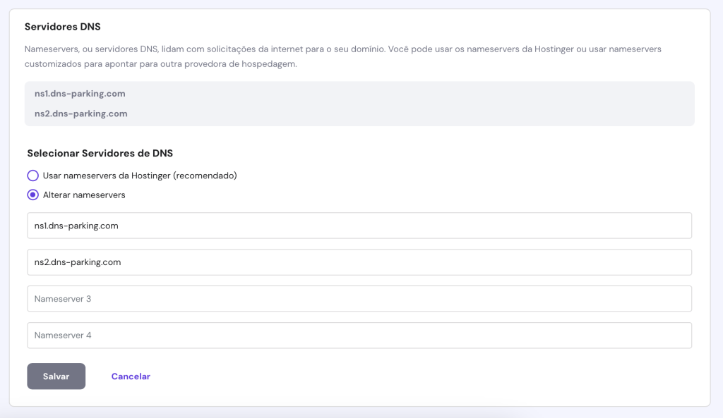 alterando nameservers de domínio no hpanel