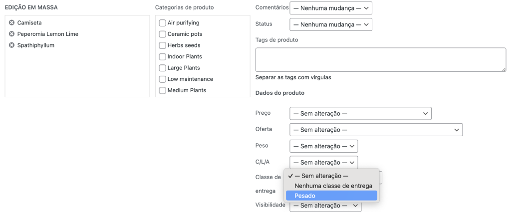 alterando classe de entrega em massa no woocommerce