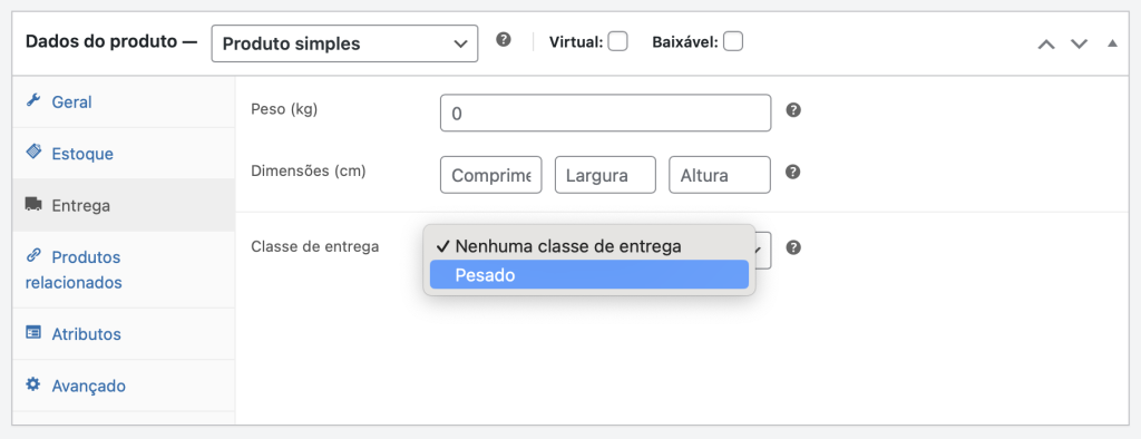 adicionando classe de entrega a produto no woocommerce