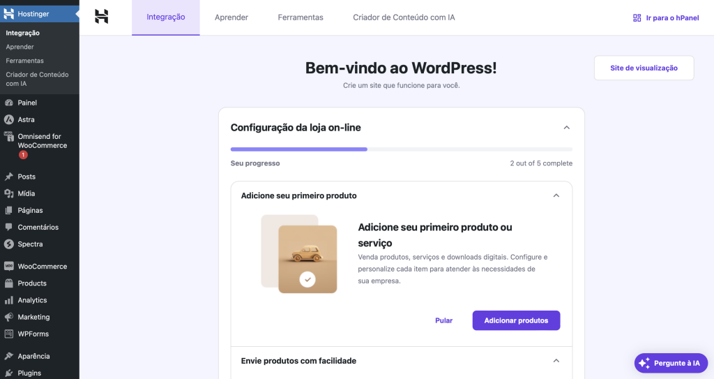 configuração de loja online no assistente wordpress da hostinger