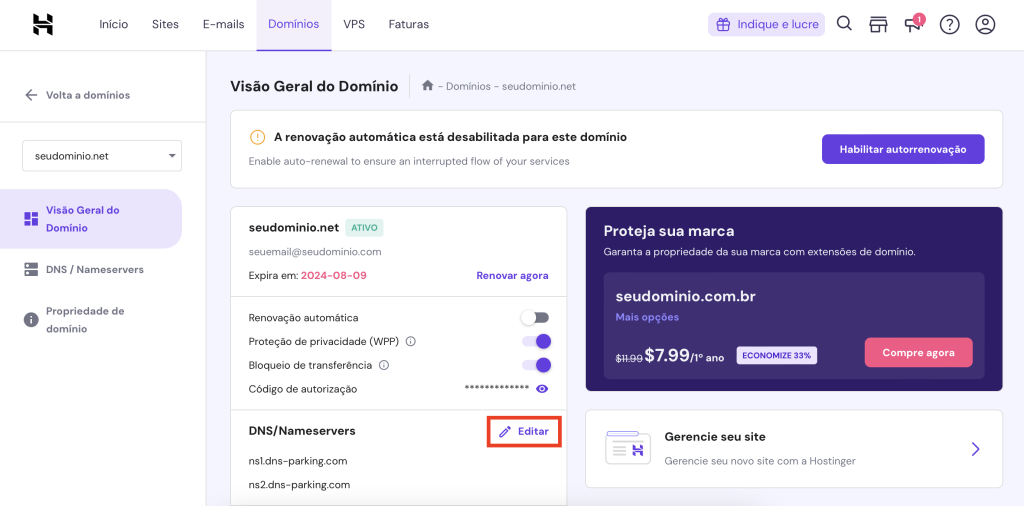 página de gerenciamento de domínio do hpanel com botão de alterar dns/nameservers em destaque