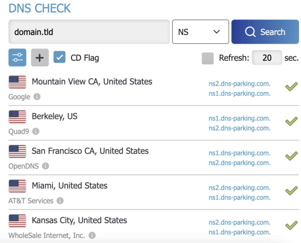 exemplo de resultado do site dns check