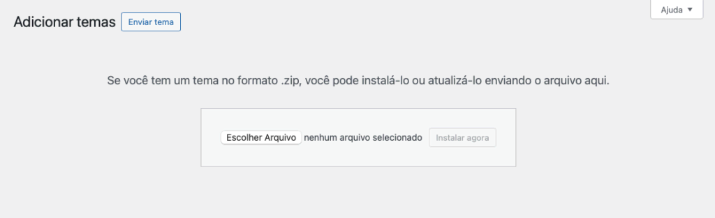 tela para enviar arquivo zip de tema no wordpress