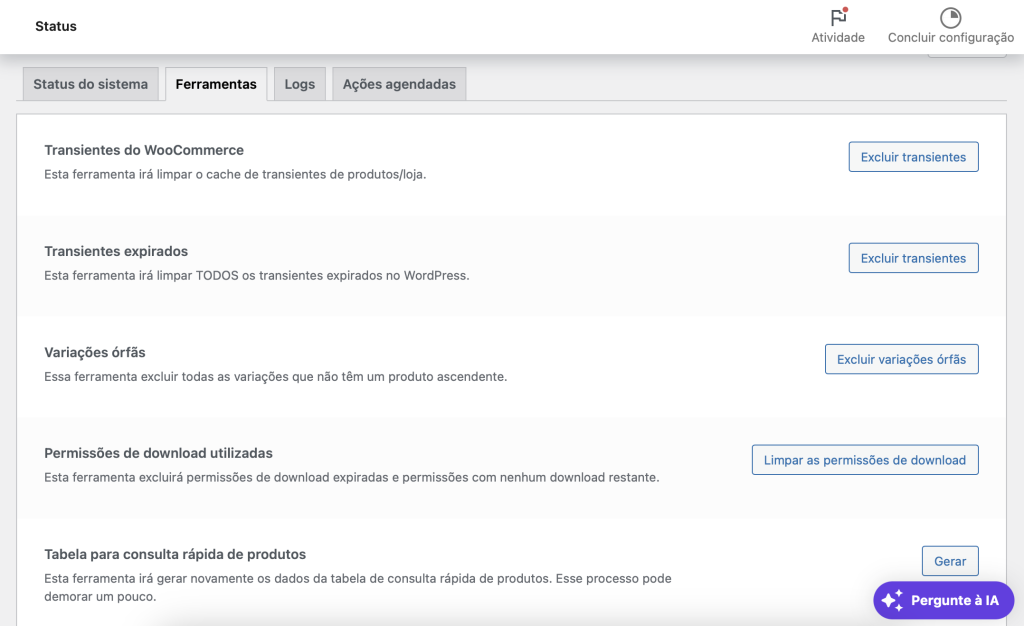 ferramentas na aba status do sistema do woocommerce