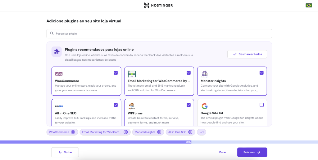 escolhendo plugins no processo de configuração de loja virtual woocommerce wordpress no hpanel