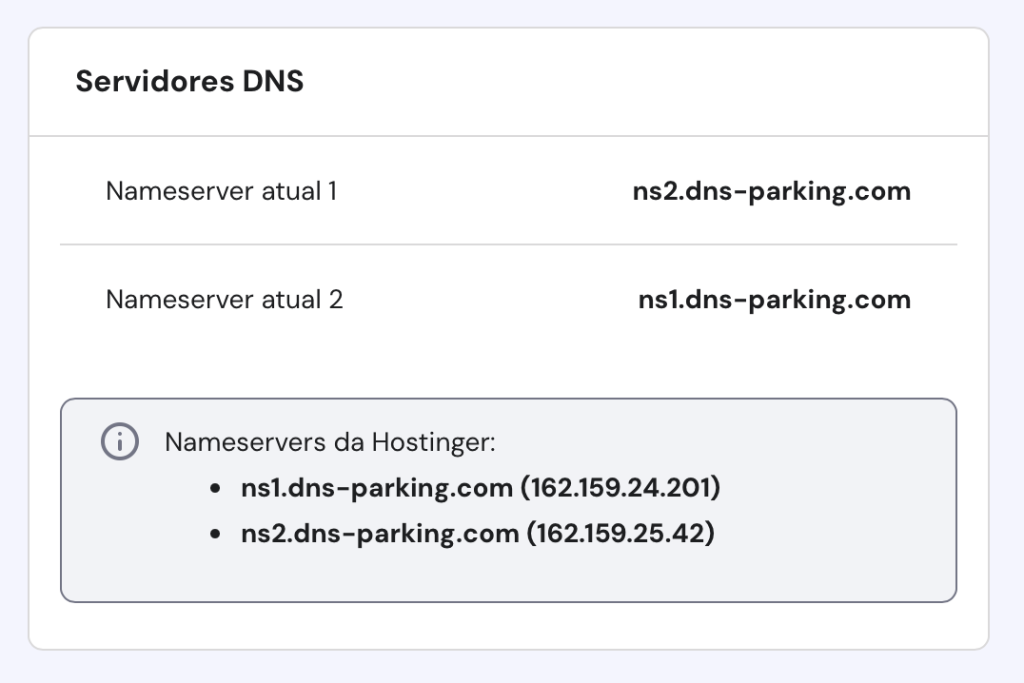 informações de nameservers da hostinger na seção informações do plano no hpanel