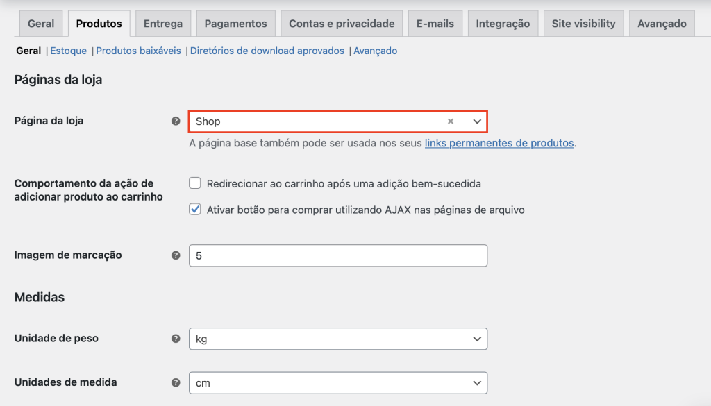 configurando a página da loja no woocommerce