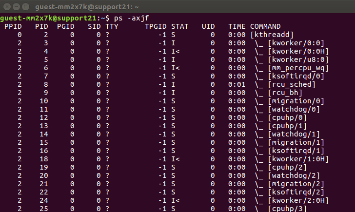 exemplo do comando ps-axjf no linux