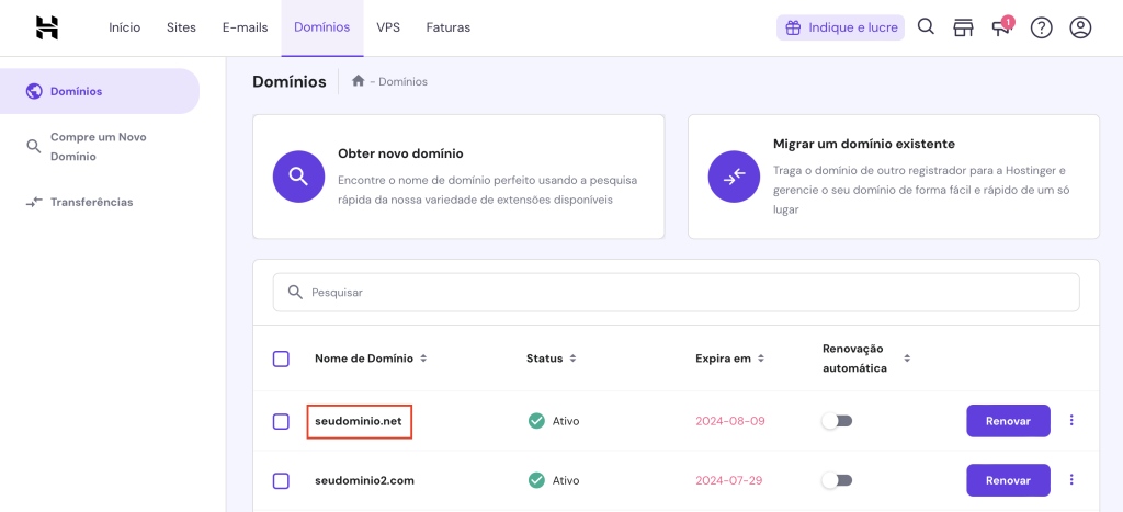 selecionando seu domínio na seção domínios do hpanel