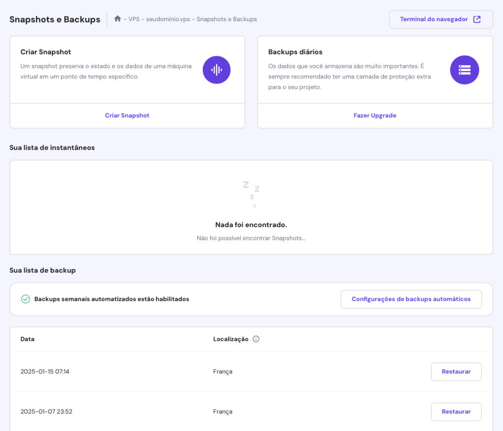 tela de snapshots e backups de vps no hpanel da hostinger