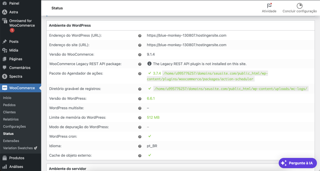 status do sistema no woocommerce