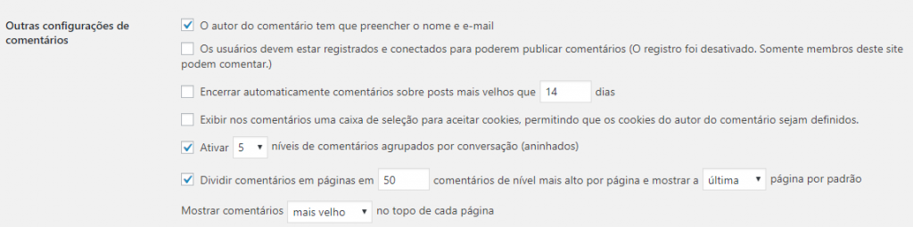 configurações de comentários no wordpress