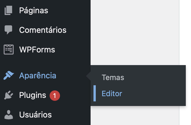 botão aparência - editor na barra lateral do wordpress