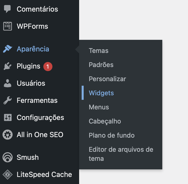 botão aparência - widgets na barra lateral do wordpress