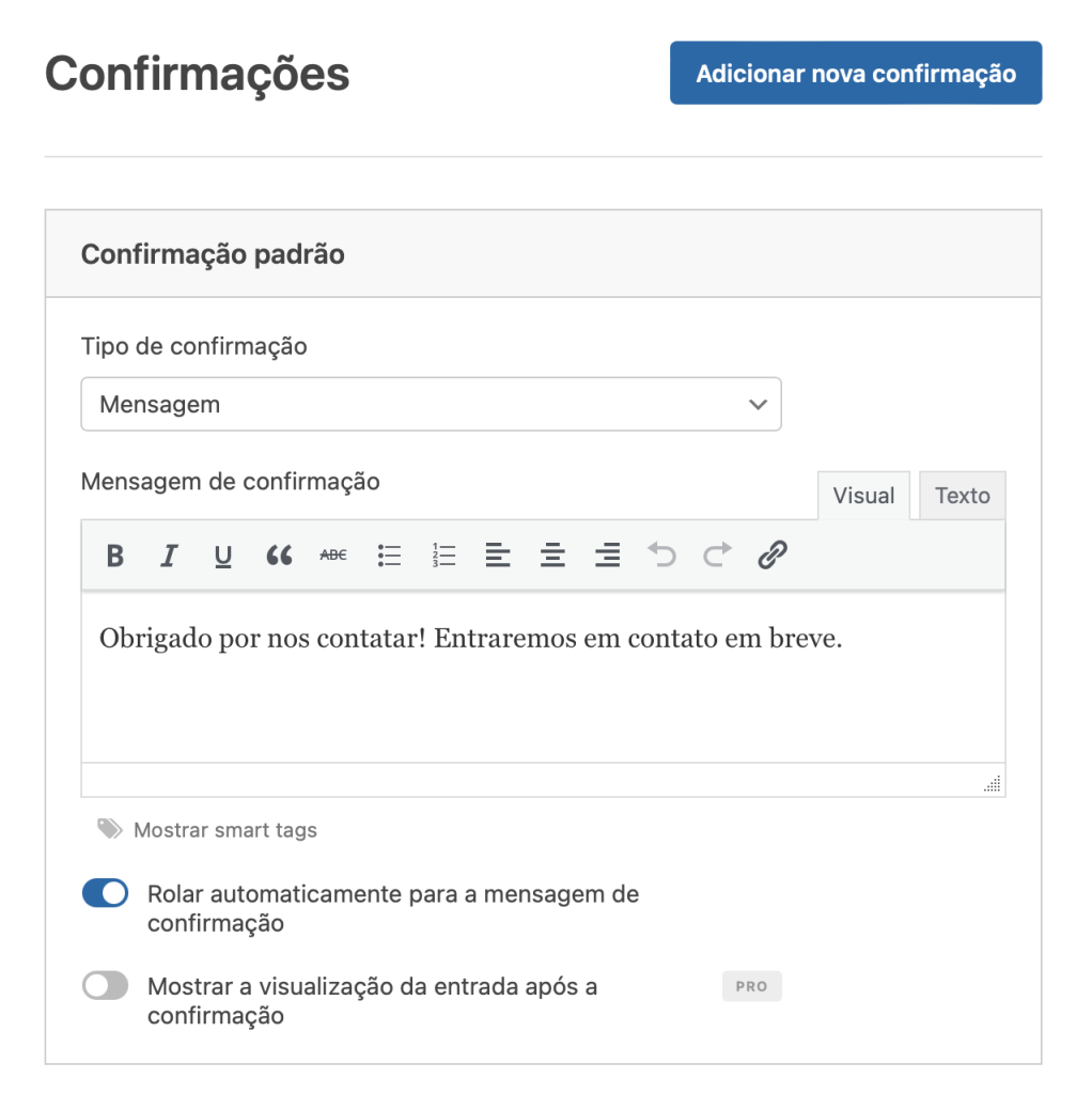 editando confirmação no wpforms