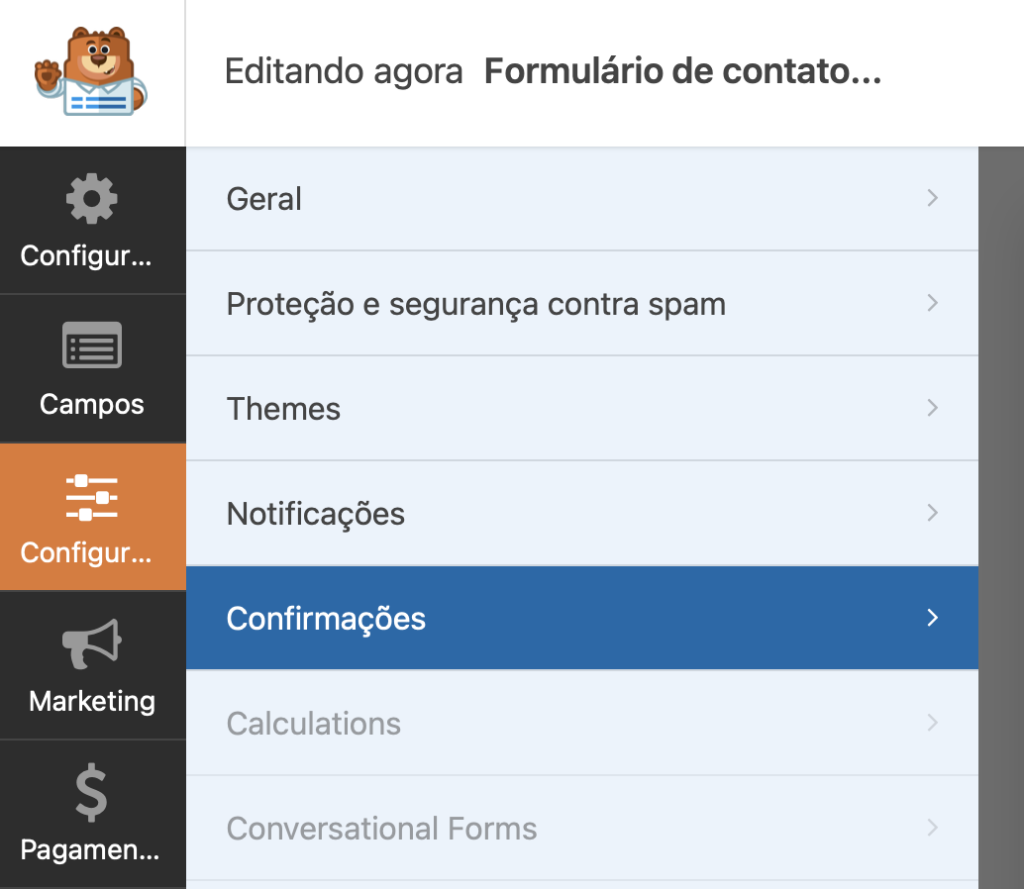 área de confirmações do plugin wpforms