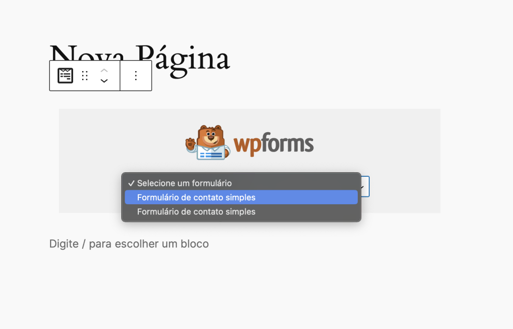 selecionando formulário de contato wordpress no plugin wpforms