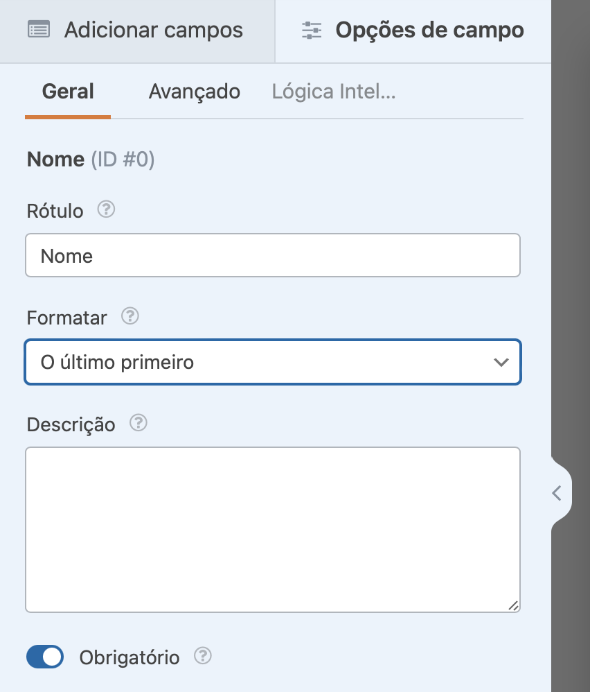 opções de campos no plugin wpforms para wordpress