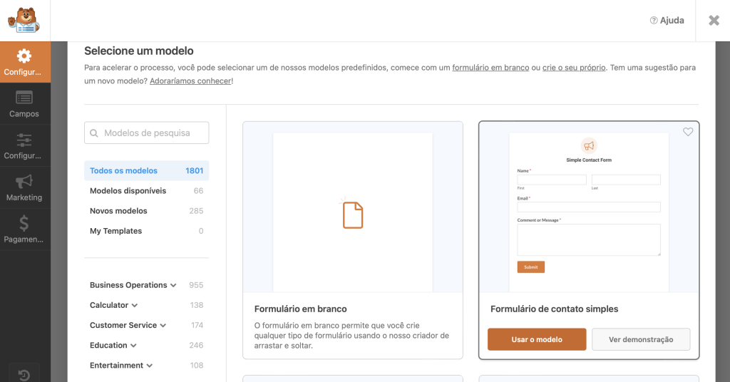 tela "selecione um modelo" de formulário de contato wordpress no plugin wpforms
