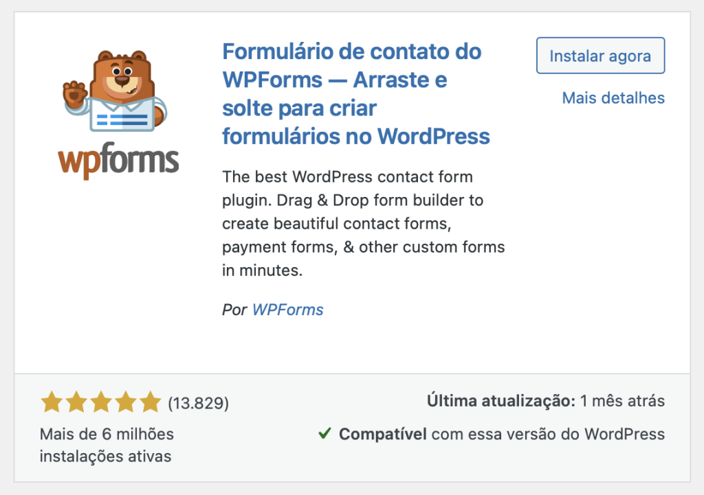 instalando o plugin wpforms no wordpress