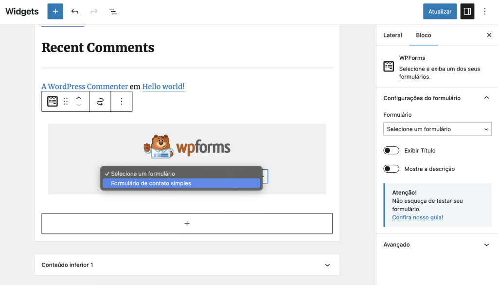 adicionando formulario de contato wordpress a área de widgets com o wpforms